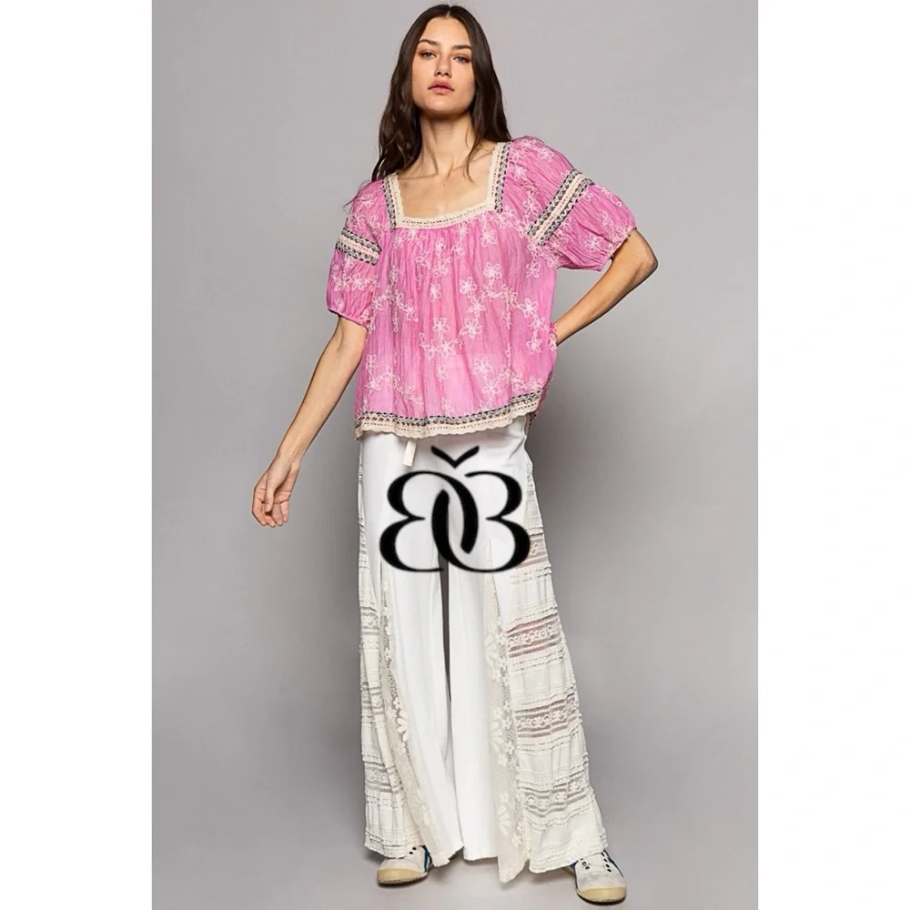 POL Pink Floral Embroidered Square Neck Chiffon Top Oversized - Picture 8 of 10